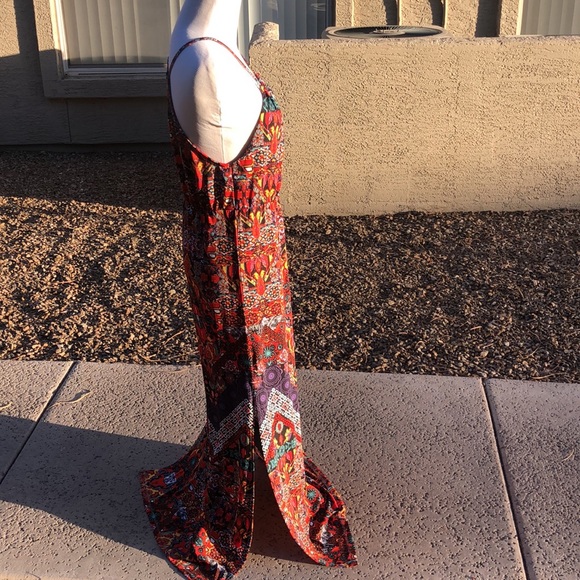 Colorful Patterned Spaghetti Straps Maxi Dress w/ Side Splits! Sz L; FITS LIKE M - Picture 7 of 12